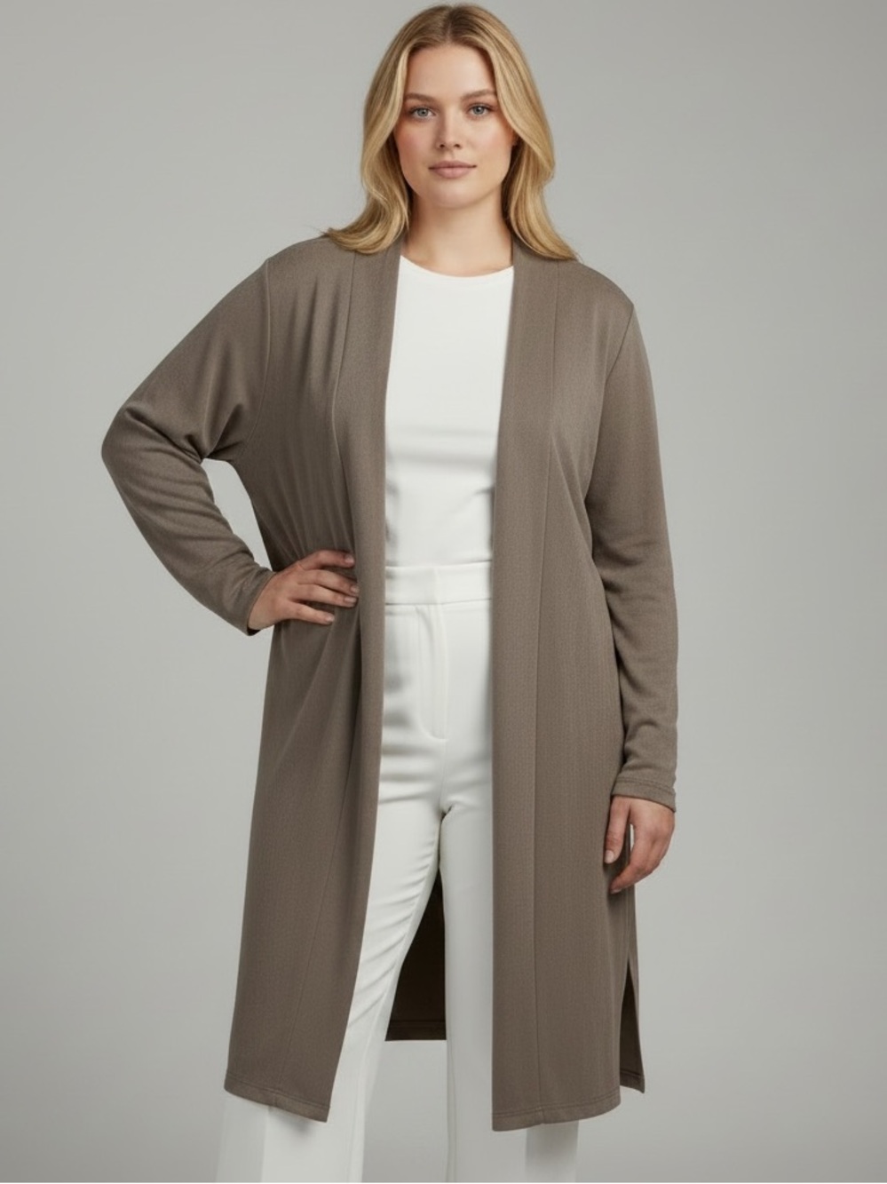 Chico's Travelers 4 Sz 20/22 Ritzy Taupe Duster Cardigan Sweater Jacket Open XXL